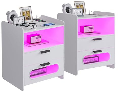 Gurexl Led Nachttisch Set of 2 mit Ladefunktion, Smart Nachtschrank mit 24 Licht Dimmbar, Hochglanz Sideboard mit 2 Schubladen USB Type-C Automatischer Sensor Schlafzimmer Weiß