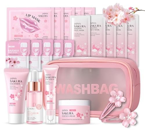 Shefave Sakura Beauty Geschenksets, Skincare Set mit Kosmetiktasche, Serum, Gesichtscreme, Reiniger, Lippenmaske， Haarnadel, Geschenk Teenager Mädchen, Gesichtspflege Set Damen, 9-tlg