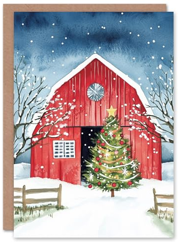 Artery8 Barn Decorated Tree Winter Landscape Blank For Him Or Her Art Xmas Festive Christmas Card