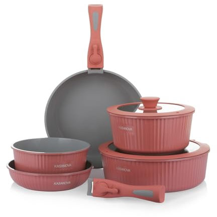 KASANOVA Batterie de cuisine 9 pièces Eaziclip, Set de casseroles induction avec revêtement céramique et poignées amovibles pour utilisation au four, Batterie antiadhésive avec couvercles (Rose)