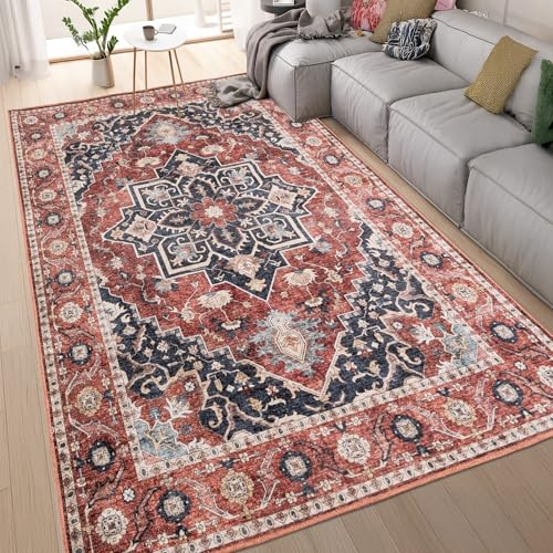 homeart Machine Washable Rug -%63 Cotton, Low Pile Carpet with Non Slip Backing - Non-Shedding Area Rugs for Living Room, Bedroom, Kitchen, Dining Room, Hallway - Elegance Navy Terra, 120x170 cm