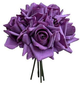 XBLOOMBOX Flor artificial de color morado oscuro, rosas de tacto real, seda lila, ramo de rosas de 5 tallos para decoración de bodas, hogar, oficina
