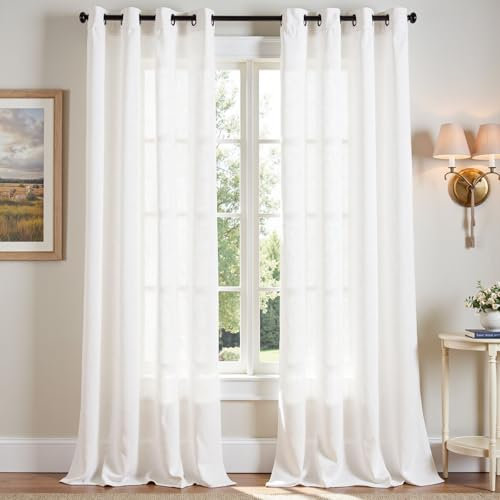 TOPICK Gardinen mit Ösen Weiß Leinen Vorhänge für Wohnzimmer Küche Kinderzimmer Schlafzimmer Vorhang Halbtransparent Ösenvorhang Landhausstil Modern Vintage Gardinen 2er Set 130B x 245H cm