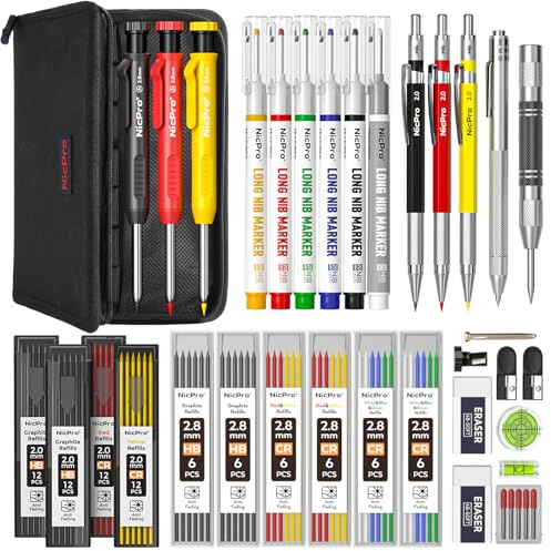 Nicpro 39 Stück Zimmermannsbleistifte mit Spitzer, Druckbleistift Set mit 102 Minen, Langspitzenmarker, Hartmetall-Anreißer und Baubleistifte für Architekten und Holzarbeiter mit Etui