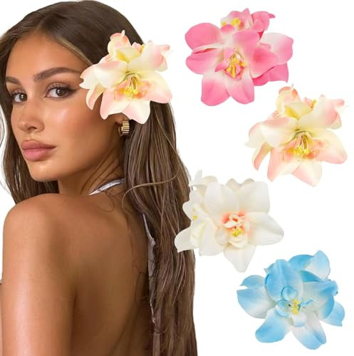 BelleVive 4 piezas de pinzas para el cabello con flores hawaianas para mujeres, pinza tropical artificial de hibisco, accesorios boho para el cabello para playa, vacaciones, fiesta para damas y