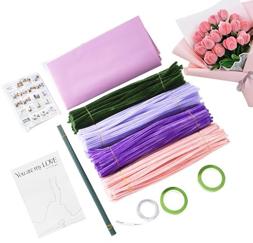 Pfeifenreiniger blumen set, 400 Stück Pfeifenputzer zum basteln blumen, Anweisungen, 20 grüne Handwerkslinien, Packpapier, Geschenkband, Blumenband, Pfeifenreiniger zum Basteln Blumen