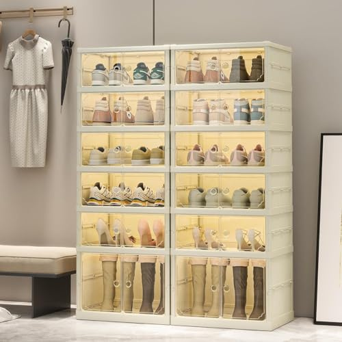 6-stufiger faltbarer Schuhregal-Organizer für Schrank mit Rollen, 24 Paar zusammenklappbares Schuhregal aus Kunststoff, transparente stapelbare Schuhkartons für den Eingangsbereich vor der Haustür