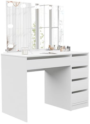 IDOHOME 5 Schubladen Schminktisch mit Beleuchtung - Weiß Matt Schminktisch mit Spiegel - Dressing Table with Mirror - Frisiertisch - mit Schubladen - Kosmetiktisch - Dressing Table