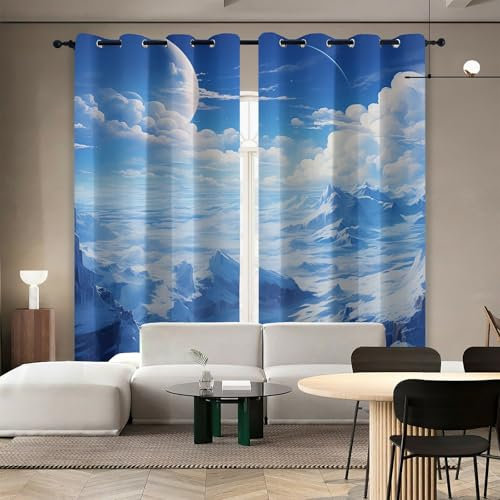 Luna Cielo Azzurro Nuvole Bianche Montagne Tende da 2 Pannelli Ombreggiatura 70L x 160A CM Paesaggio Poliestere Isolamento Termico Tenda per Finestra per Camera da Ietto Soggiorno Cucina Sala Giochi