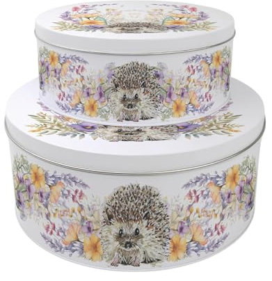 Purely Home Floral Hedgehog Set of 2 Cake Tins Gift - Flowers & Wildlife Themed Nesting Round Large & Medium Metal Storage Containers for Baking
