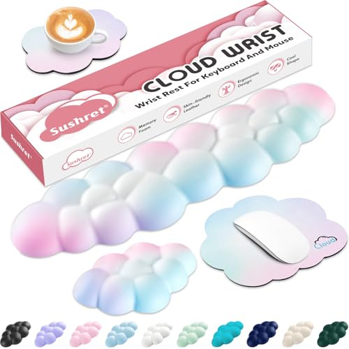 Sushret Cloud Wrist Rest for Computer Keyboard, 4-in-1 Memory Foam Leather Cloud Keyboard Wrist Rest and Mouse Pad Set with Ergonomic Support for Arm and Palm Cushion, Gaming/Work Setup, Rainbow
