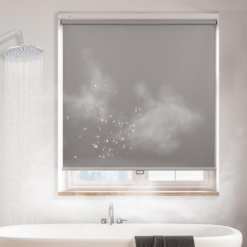 HESTIA No Drill Cordless Blackout Roller Shades Screwless Waterproof Shower Window Blinds, Auto-Retraction Easy Install Blind for Bathroom/Kitchen/Office/Exterior
