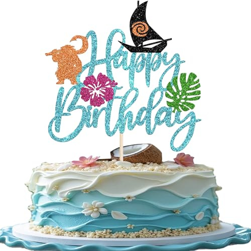 SYKYCTCY 1 Pack Moana Happy Birthday Cake Topper Palm Leaf Flower Cake Pick for Tropical Hawaiian Luau Theme Kids Birthday Party Cake Decorations Supplies