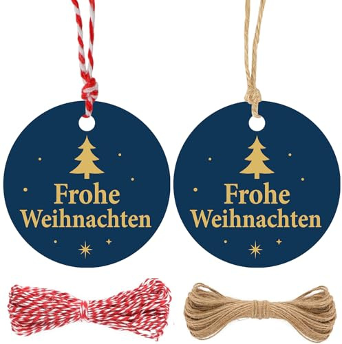 G2PLUS 5.5CM Frohe Weihnachten Geschenkanhänger aus Papier: 100 Stk Blau Weihnachtsgeschenkanhänger mit Tannenbaum, Dekorativ Etiketten mit Schnur für Geschenk, Weihnachten Deko