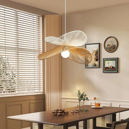 NOCHX Vintage WabiSabi Stil Pendelleuchte E27 Strohhut Geformt Rattan Gewebt Restaurant Kronleuchter Japanische Höhenverstellbare Hängeleuchte Geeignet Für Küche Und Wohnzimmer(Double Layer)
