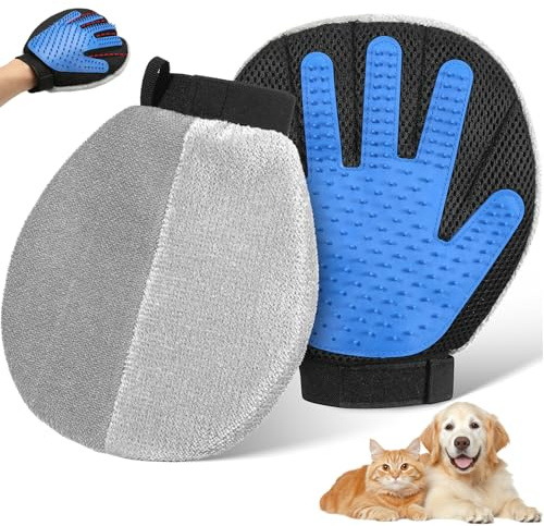 Pawaboo Guantes para Eliminar el Pelo de Mascotas, Eliminación Electrostática del Pelo por Ambos Lados y Cepillo de Silicona para Pelaje, Guante para el Cuidado del Pelaje, Azul Gris