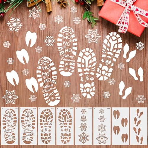 Simpeak 8 Pezzi Impronta di Babbo Natale, Riutilizzabile Stencil per impronte di fiocchi di neve di renne di elfi di Babbo Natale per pavimenti, finestre, pareti, porte, decorazioni natalizie