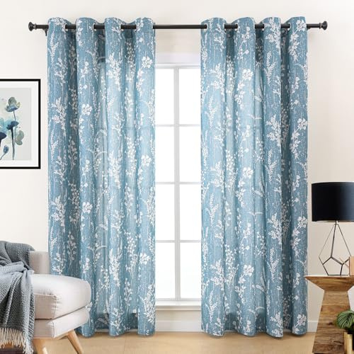L.Z.E Vorhänge Gardinen Blau, Sichtschutz 70%-80% Lichtdurchlässig Gardine Vorhang für Wohnzimmer Schlafzimmer, Dünne Bedruckt Gardinenschal mit Blätter und Blumen Muster mit Ösen, 2er Set 225 cm Lang