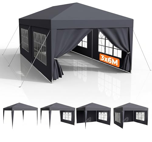 Pavillon 3x6m Wasserdicht Stabil Winterfest, Faltpavillon mit Abnehmbaren Seitenteilen, UV Schutz & Windschutz, Gartenpavillon Partyzelt für Markt, Festival, Camping, Hochzeit, Anthrazit