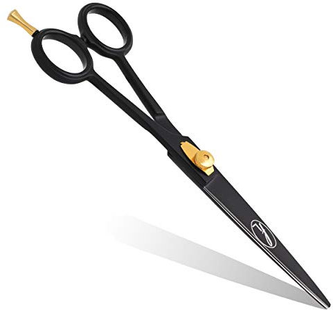 Fine Lines Professional Hairdressing Scissors 7 in - Black Razor Edge Scissor with Gold Dial Screw & Hook - Anti-Rust Stainless Steel Barber Tool for Hair Cutting & Salon Styling - Unisex
