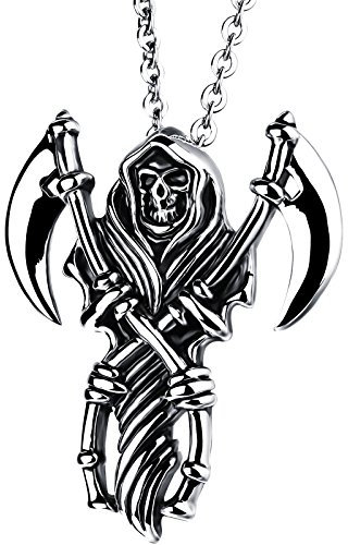 Flongo Edelstahl Anhänger Halskette Silber Schwarz Sensenmann Schnitter Totenkopf Schädel Sensen Sichel Gotik Herren,mit 55cm Kette