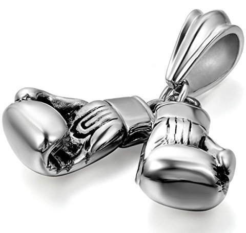 JewelryWe Schmuck Edelstahl Poliert Doppel Boxhandschuhe Herren-Anhänger mit 55cm Kette, Biker Halskette, Schwarz Silber