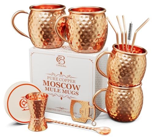 Moscow Mule Kupferbecher | Set mit 4 gehämmerten Tassen | 100% handgefertigtes reines massives Kupfer | Geschenkset mit Cocktail-Trinkhalmen | Schnapsglas | Untersetzer | Kupferrührer & Bieröffner von