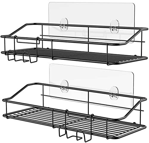 Nieifi Duschablage ohne Bohren, Duschkörbe Ablagen mit Haken selbstklebend, Badezimmer Regal, Lagerung Rack, für Bad, Waschraum, Küche Edelstahl Design 2er Pack Schwarz