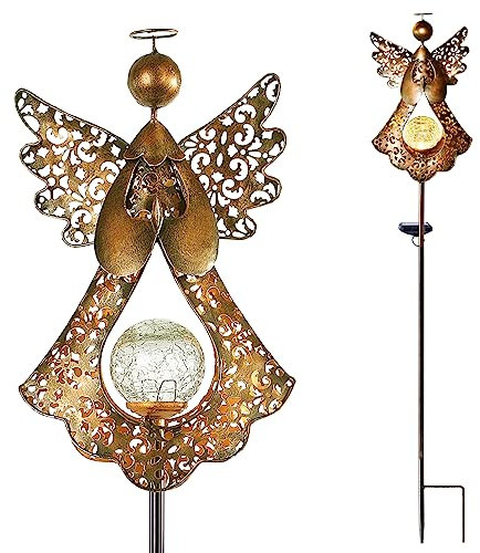 Starryfill Luces solares de estaca de jardín al aire libre de bronce con forma de ángel craquelado de cristal, luces de metal, impermeables, LED blanco cálido para jardín, césped, patio o patio