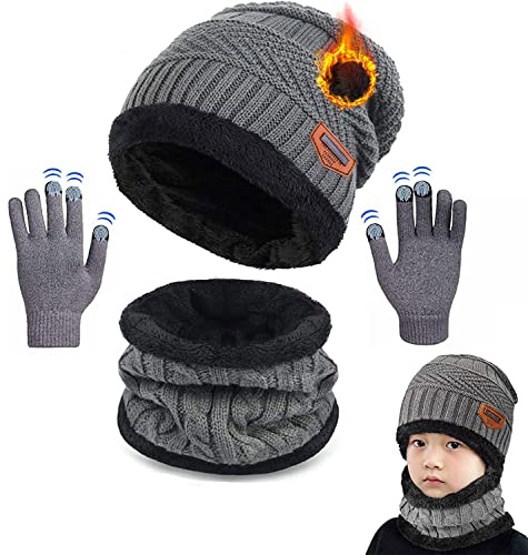 CheChury Beanie Sciarpa e Guanti Bambino Cappello Sciarpa Inverno Invernali Cappelli Beanie Bambino Bambini per 3-10 Anni Regalo di Natale,grigio,Taglia unica