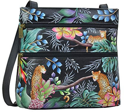 Anuschka handbemalte Crossbody Umhängetasche aus echtem Leder mit doppeltem Reißverschluss für Damen - Dancing Leaves