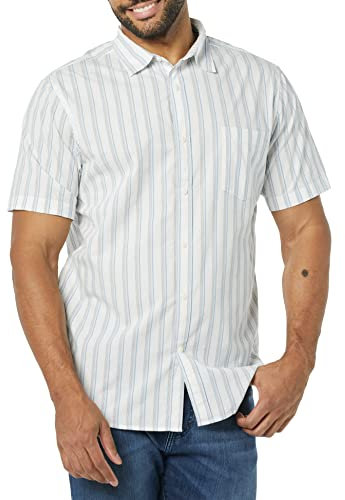 Amazon Essentials Men's Slim-Fit Short-Sleeve Poplin Shirt, Blue Grey White Stripes, L