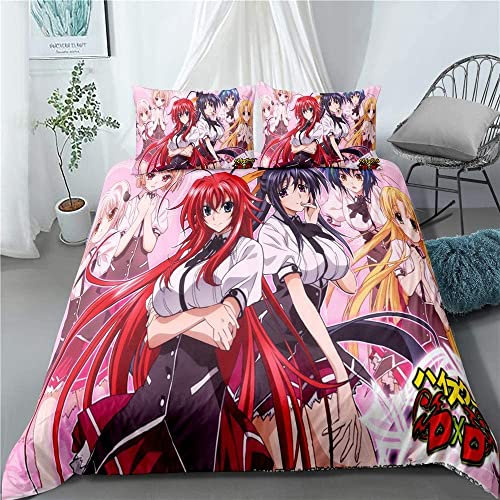 High School DxD Stil - Zeichensammlung Anime Bettwäsche-Sets Cartoon 3D-gedrucktes Polyestergewebe 1 Bettbezug + 2 Kissenbezüge (keine Bettdecke)