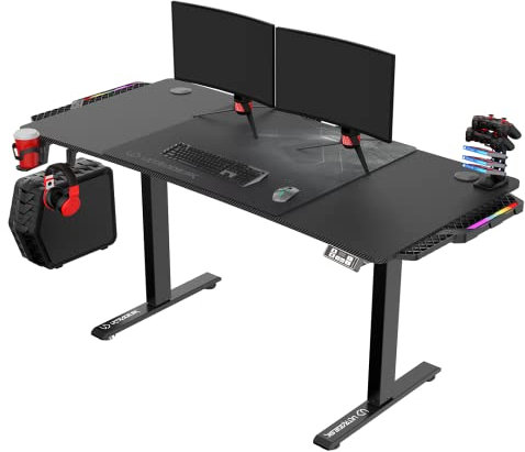 Ultradesk Level V2 Bureau d'ordinateur LED RGB, Table de Jeu avec réglage électrique de la Hauteur | Mémoire Interne pour 2 réglages | Filet de Gestion des câbles, Tapis de Souris XXL, 140x68 cm