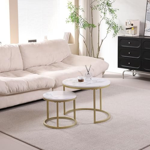 GrandCA HOME Set di 2 Tavolini Rotondi a Incastro con Piano in Finto Marmo, Tavolino da Caffè per Soggiorno, Oro (60x60x45cm e 40x40x35cm)