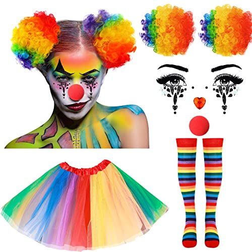 HICARER 6 Stück Mardi Gras Clown Zubehör Clown Haarclip Puff Brötchen Tutu Rock Streifen dünne Schlauchsocken Gesicht Edelsteine rote Clownnnase (Regenbogen), Regenbogen, Medium