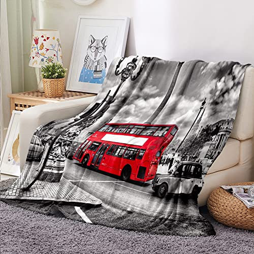 Treer London Druck Kuscheldecke Flauschige Decke Flanell Decke Warme Wohndecke aus Mikrofaser als Sofadecke, Couchdecke, Bettüberwurf, oder Tagesdecken Geeignet (150x220cm,roter Bus)
