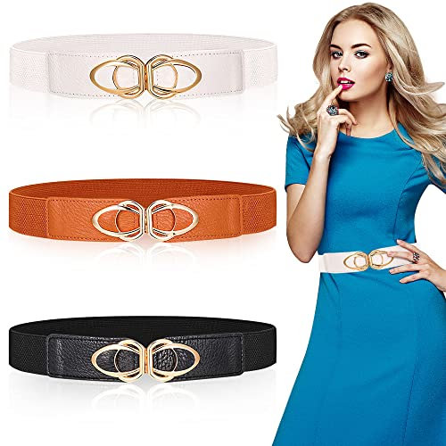 skytowards 3 Stücke Damen Breiter Gürtel Elastischer Taillengürtel Damengürtel Stretchgürtel Taillengürtel mit Metall Schnalle Ledergürtel Bindegürtel Kleidgürtel für Kleid (Weiß/Braun/Schwarz)