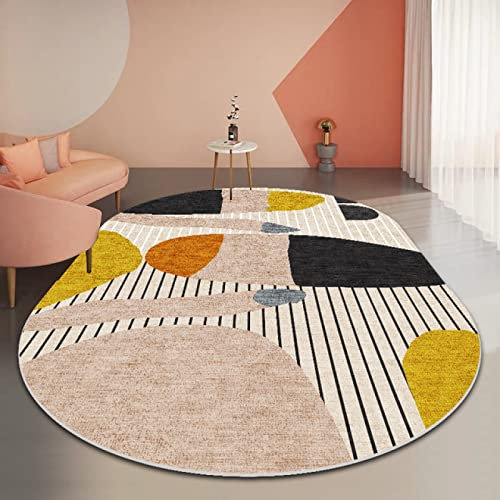 LONGSAO Oval Kurzflor Teppich Designer Moderne Flachflor Teppiche fürs Wohnzimmer, Esszimmer, Schlafzimmer Deko Grau und weiß gestreiftes Rosa geometrisch,80 x 120 cm