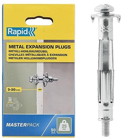 RAPID - Chevilles à Expansion en Métal pour Cloison en Plâtre de 3 à 20 mm, Lot de 50 Chevilles, Charge Maximale 25 kg, Chevilles pour Plâtre & Aggloméré (5001562)
