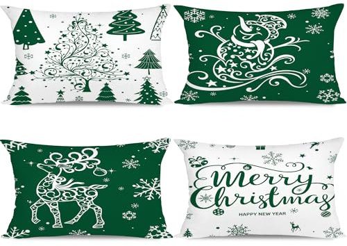 Miaikoe Weihnachtskissenbezüge 30x50 Set von 4 Weihnachtsdekoration Bäume Hirsch Schneemann Frohe Weihnachten Dekorative Urlaub Bauernhaus Kissenbezüge für Urlaub Weihnachtsdekoration (Grün)