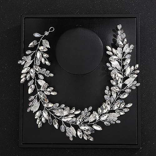 Deniferymakeup Rhinestone Bridal Hair Vine Crystal Wedding Headband Rhinestone Bride Headpiece Leaf Hair Accessories for Women and Girls (Silver)
