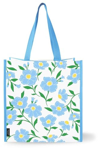 kate spade new york Wiederverwendbare Einkaufstasche, Einkaufstasche mit Schultergurten, große faltbare Tragetasche, Sonnenschein-Blumenmuster, blau / weiß, 14 inches long, 9.5 inches wide, 14 inches