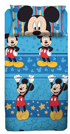 Mickey Mouse Bettwäsche-Set für Einzelbett, Disney, Bettlaken, Spannbettlaken, Kissenbezug, blau, Disney, 100% Baumwolle, offizielles Produkt