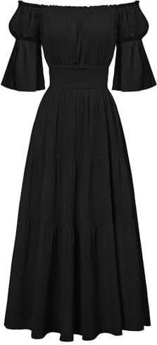 SCARLET DARKNESS Womens Summer Black Dresses Off Shoulder Renaissance Cottagecore Dress Short Sleeve Smocked Maxi Long Vintage Party Dress for Women UK XXL