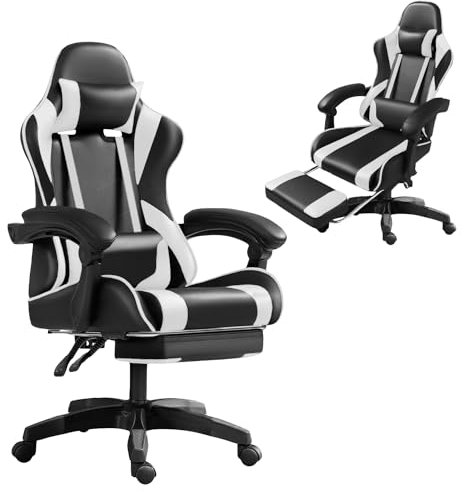 Frixovel Chaise Gaming, Siège de Bureau réglable, Fauteuil Gaming avec Repose-Pieds télescopique (Noir et Blanc)
