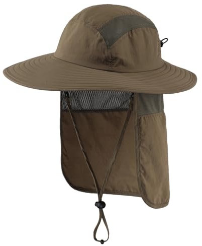 Magracy Herren UPF 50+ Sonnenhut mit Nackenschutz breite Krempe Netzstoff Safari-Hut Wandern Angeln Hut faltbar Damen Olivbraun