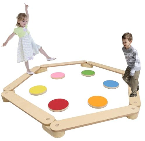 FIVMEN Schwebebalken Balancierbalken Kinder mit 6 Balanciersteine und 6 Balancepedal Balance Board aus Holz Balancieren Spielzeug für Kinder ab 3-7 Jahren Indoor und Outdoor