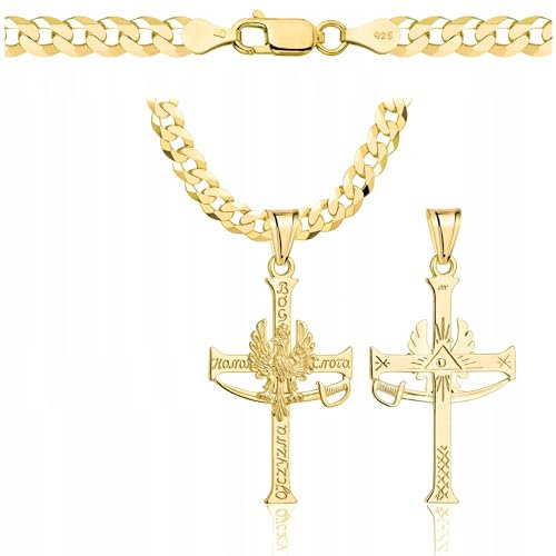 Amor Luxury goldkette herren mit kreuz 585, Kette Herren 925/585 - kreuz kette herren massiv - 5 mm, Kreuz und Adler, polnisch, patriotische Halskette 45 cm
