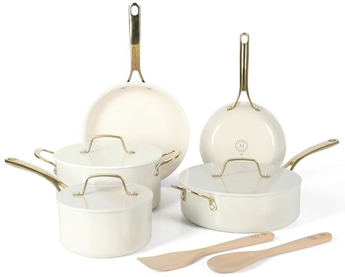 Martha Stewart Galway Premium Nonstick PFA Free Ceramic Interior 10 Piece Heavy Gauge Enamel Aluminum Pots and Pans Cookware Set W/Aluminum Lids - Linen White W/Gold Handle